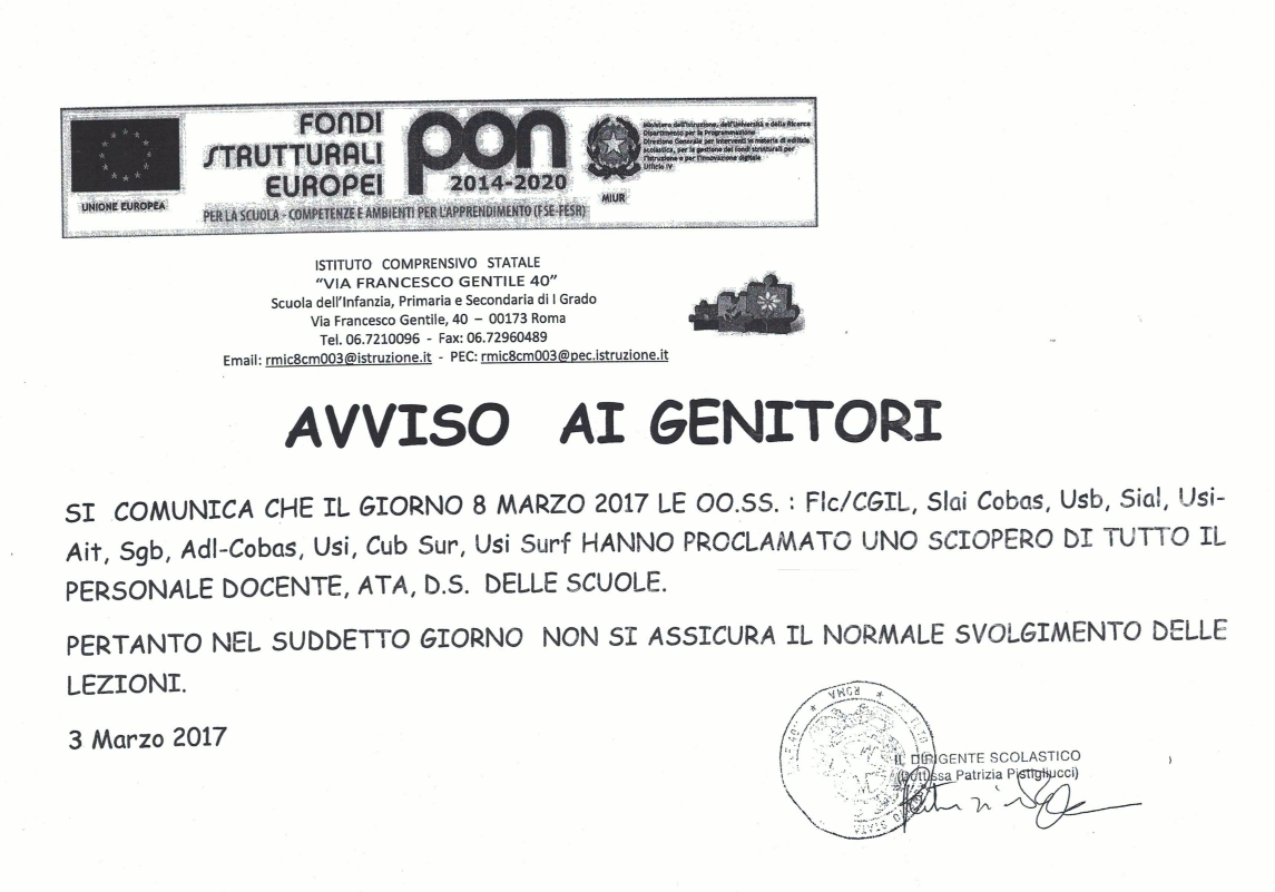 AVVISO SCIOPERO 8 MARZO 2017